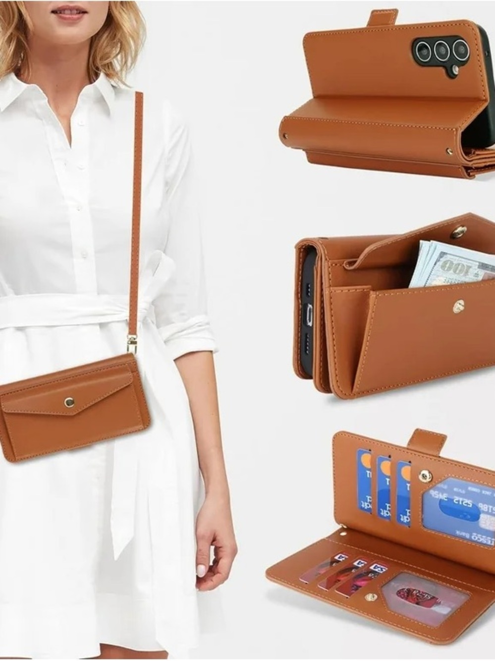Compact Tan Leather Crossbody Phone Wallet for Women